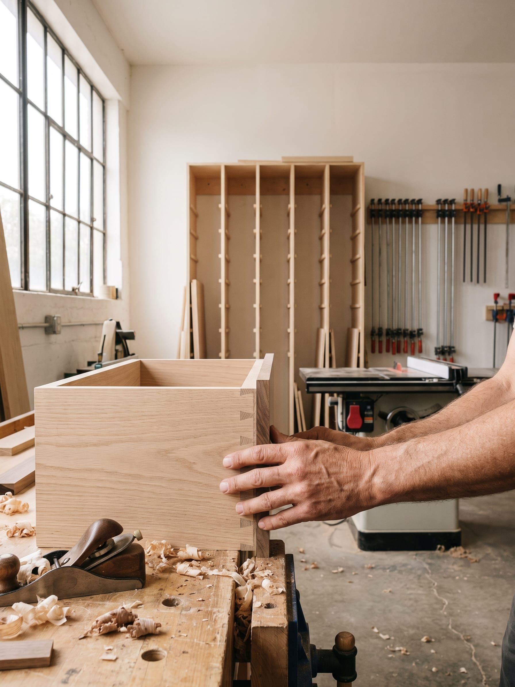 A workbench with hand planes, clamps and a partly assembled drawer box