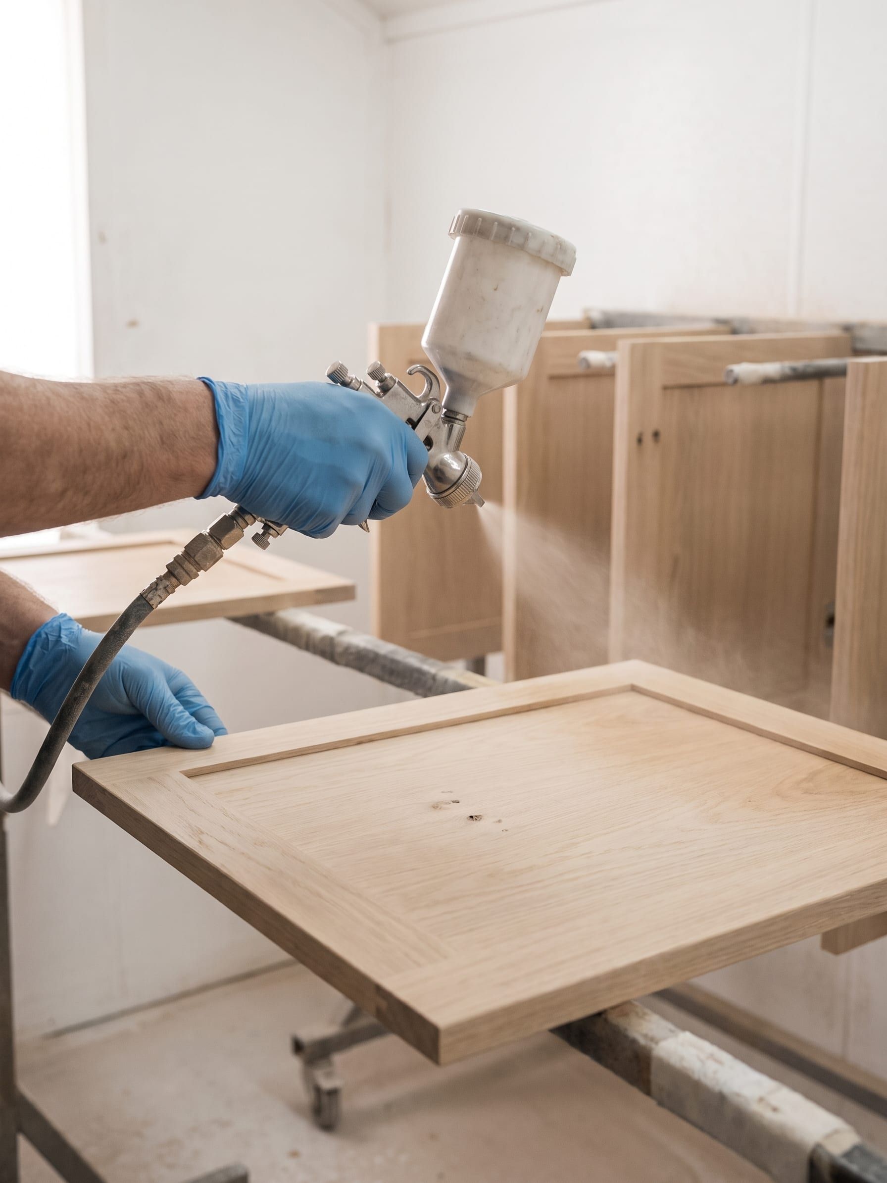Cabinet doors curing on a rack in a finish room