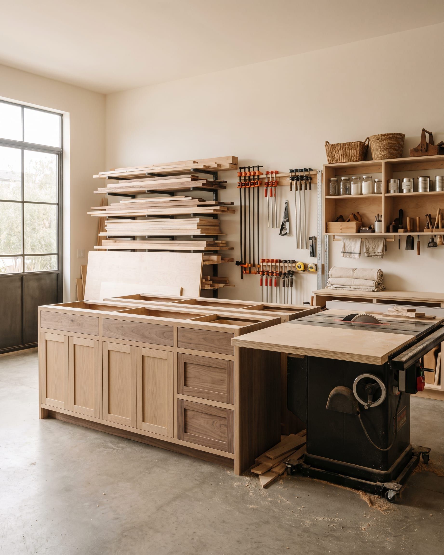 A cabinet shop floor with a panel saw, clamped assemblies and finished doors on a rack