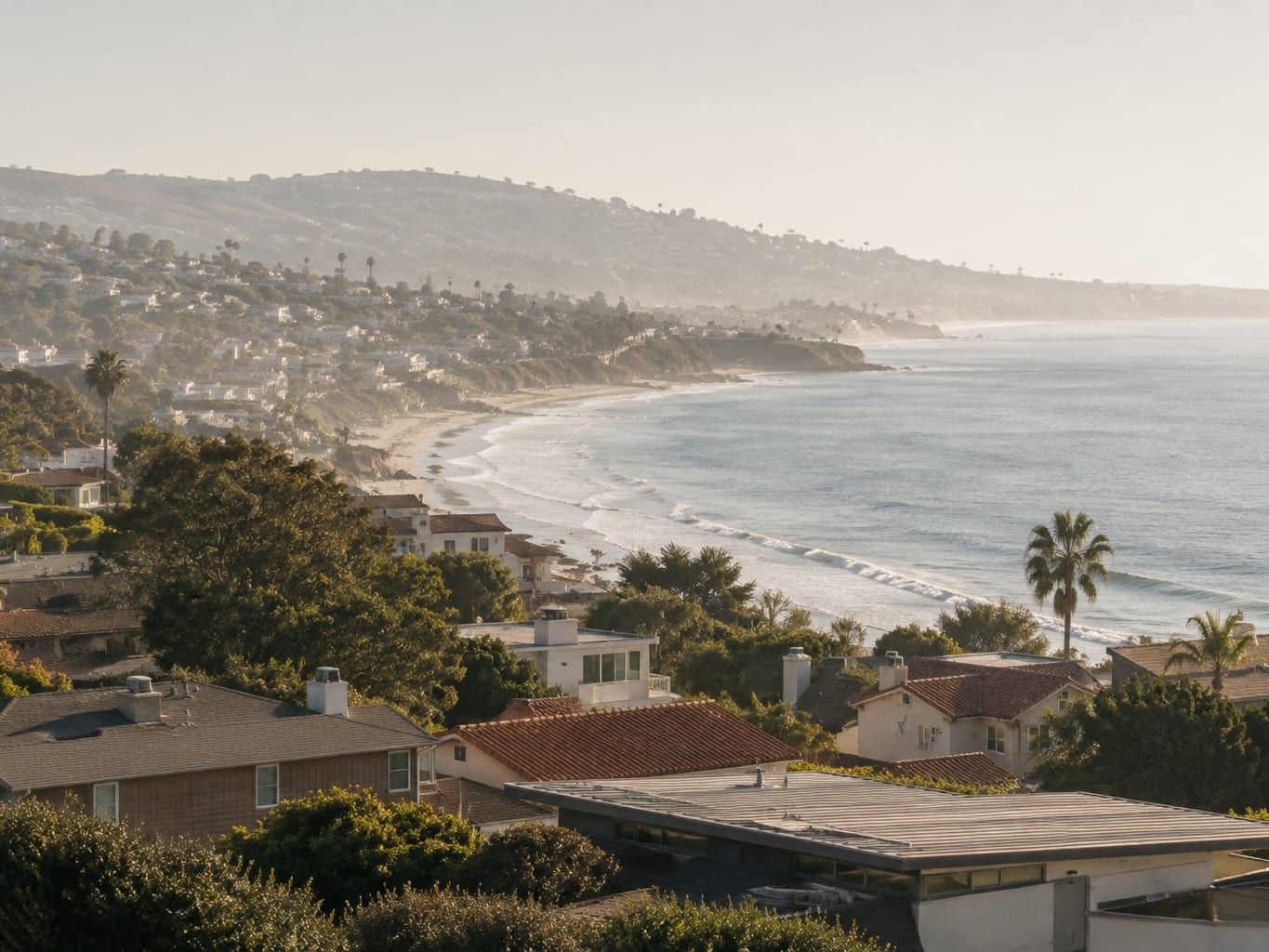 A residential street of single story homes a few blocks back from the Huntington Beach shoreline
