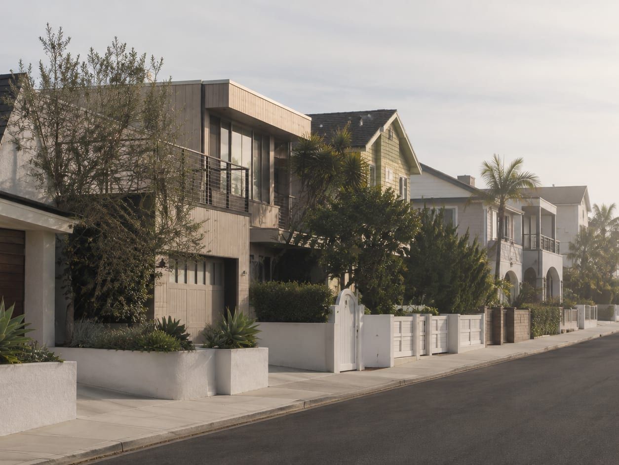 A quiet residential street of single story homes with attached garages