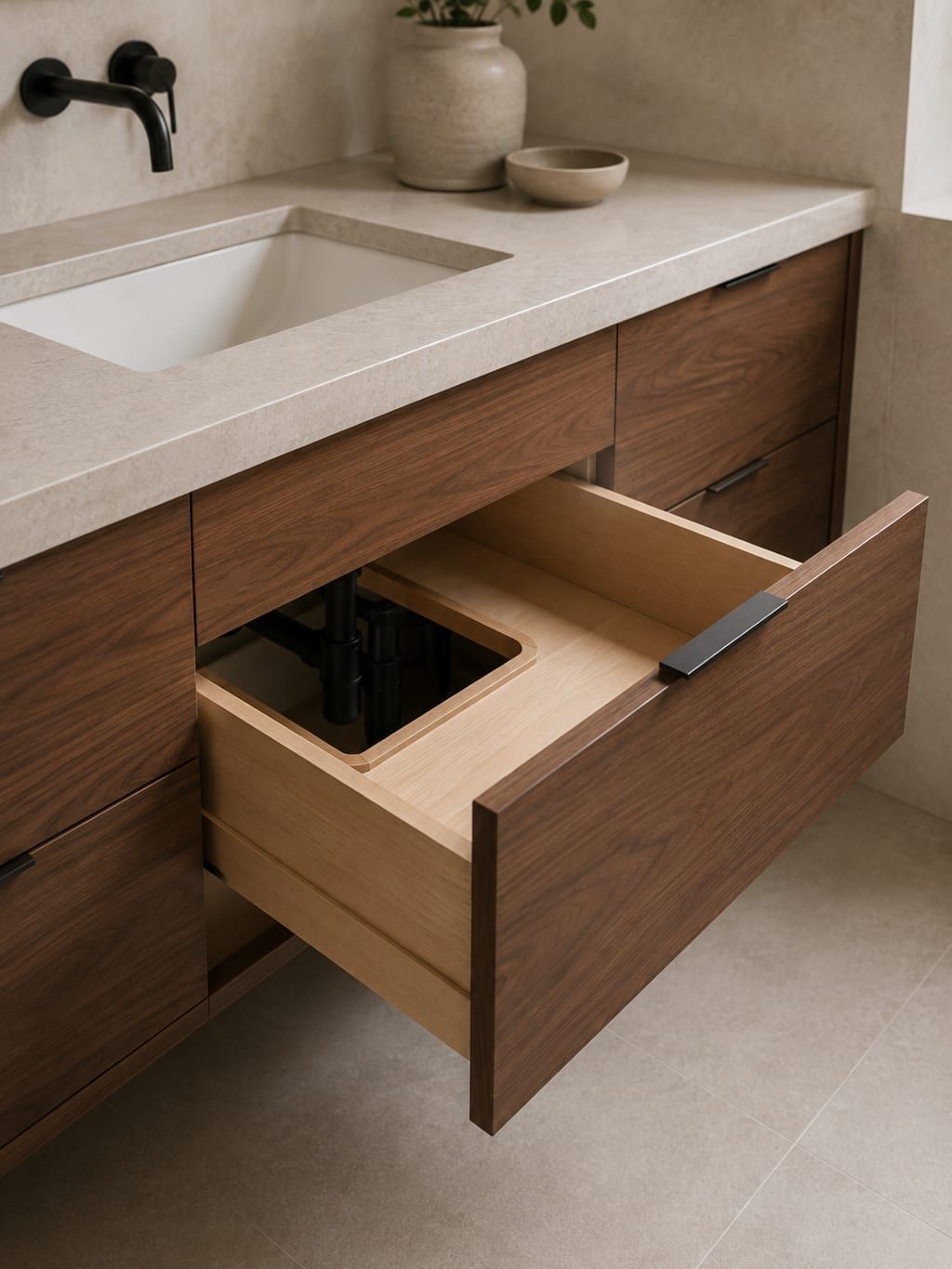 An open vanity drawer notched around a drain pipe with folded towels inside