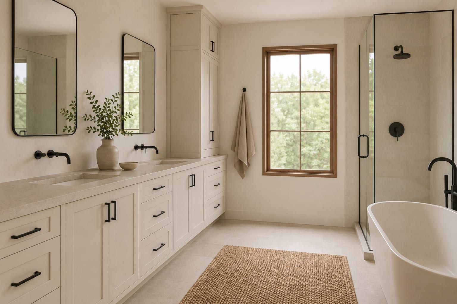 A painted double vanity with a stone top and two rows of drawers