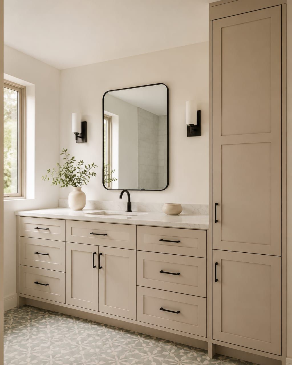 A recessed medicine cabinet set flush into a tiled wall