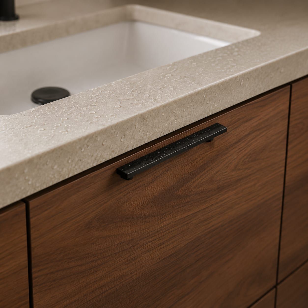 A compact single vanity in a small guest bathroom with a wall mounted faucet