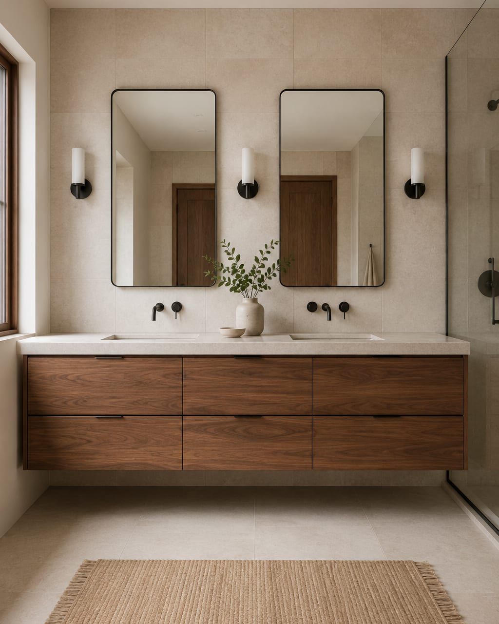 A white oak floating double vanity with two undermount sinks and a full width mirror above