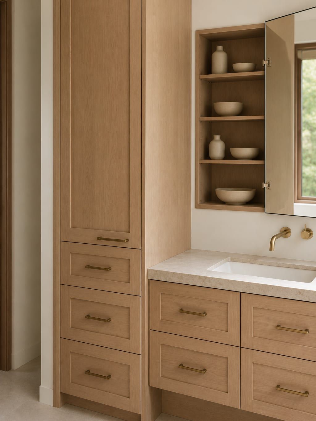 A tall linen tower with adjustable shelves beside a vanity