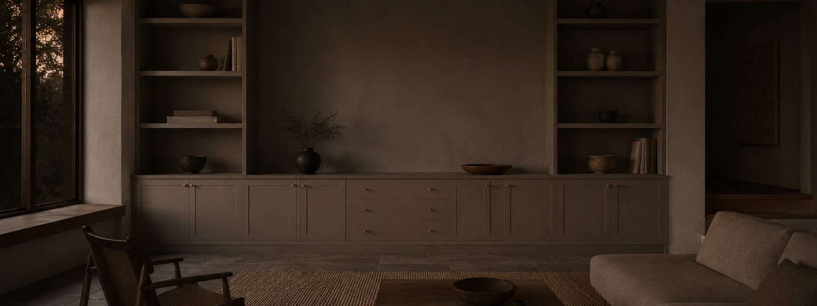 A living room with a finished built in wall photographed from the far corner