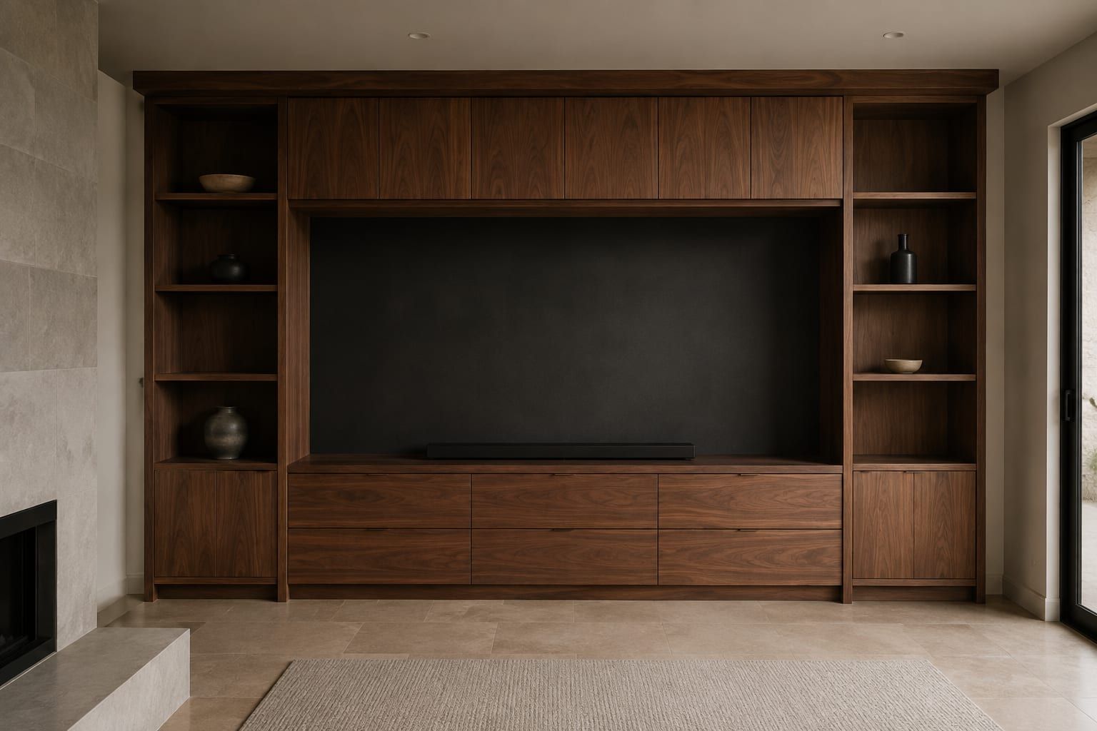 A full wall entertainment center with a concealed equipment bay and painted paneling above