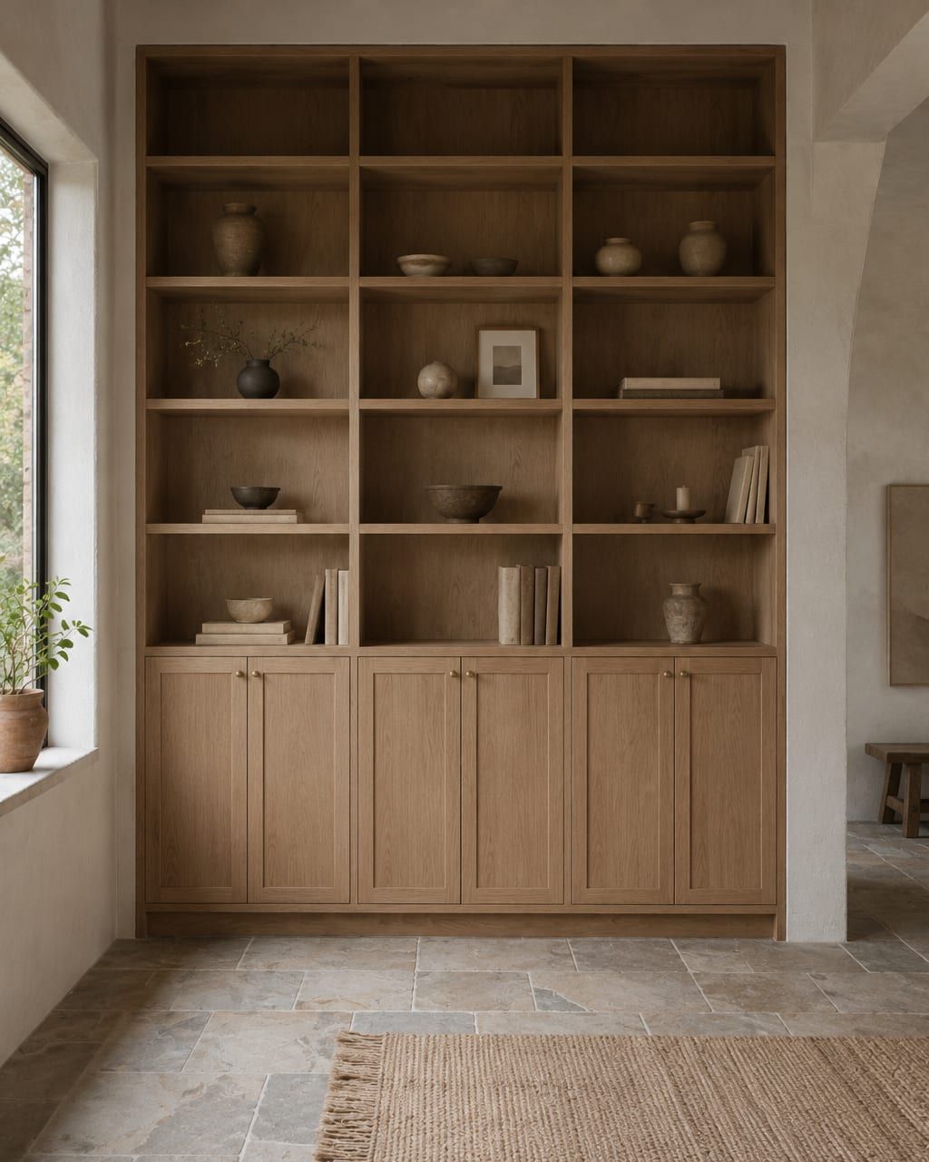 Bookshelves built into an alcove beside a fireplace