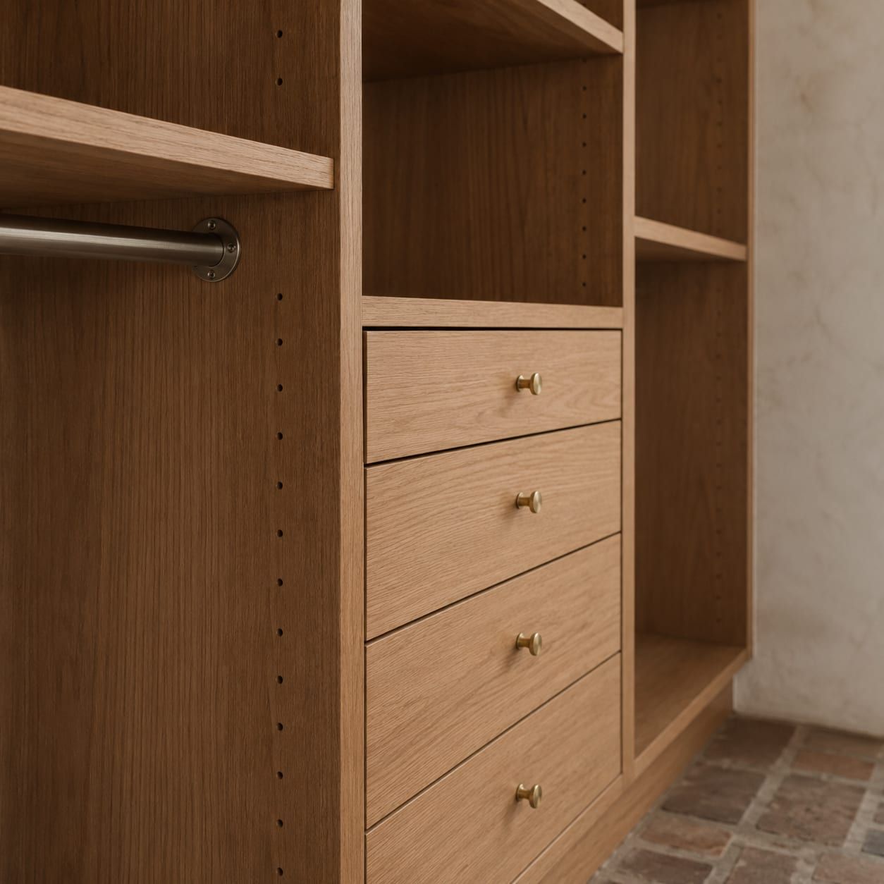 A closet with drawers, hanging rails and shelving built into the room