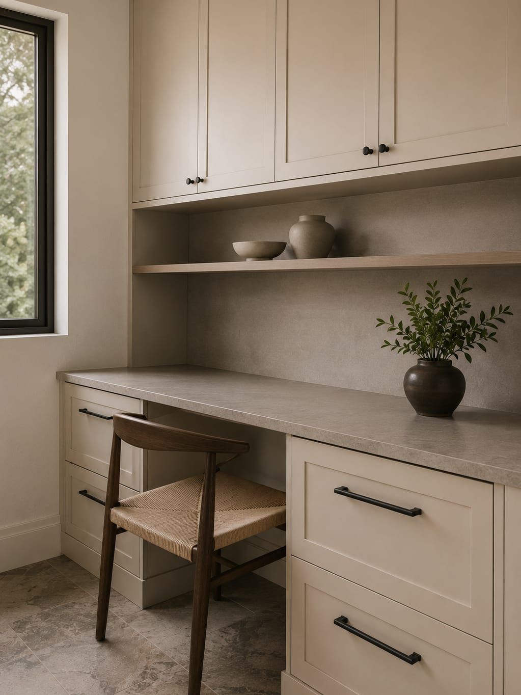 A home office wall with a desk run, upper cabinets and file drawers below