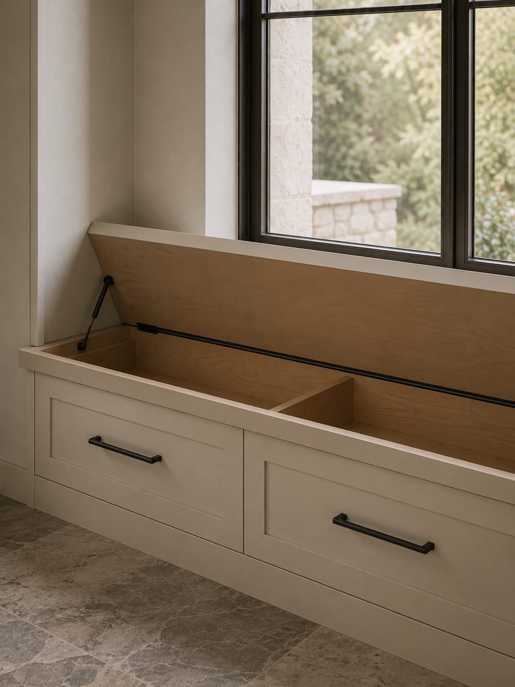 A window seat with three drawers beneath it built into an alcove