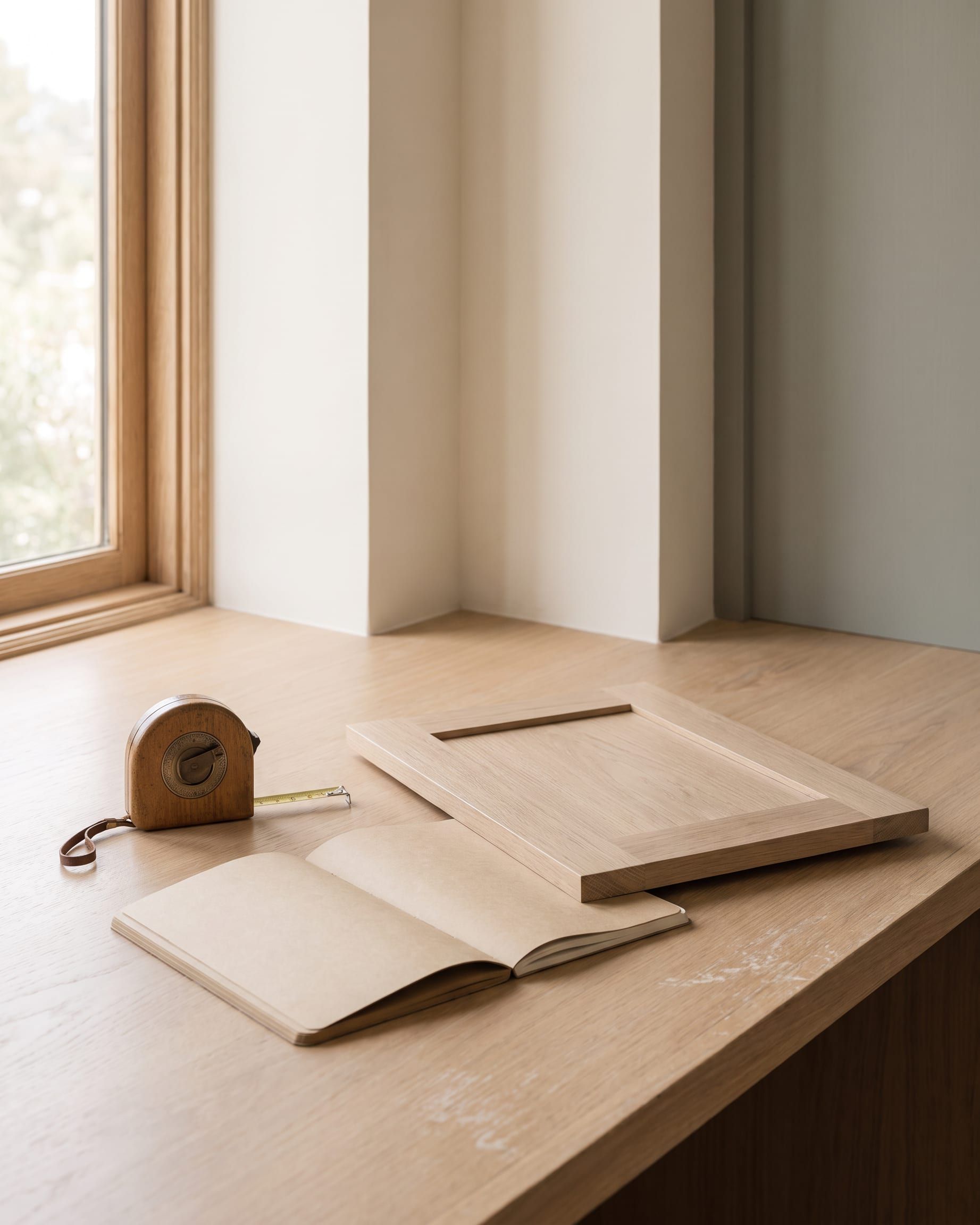 A measuring tape, notebook and door samples set out on a kitchen counter during a consultation