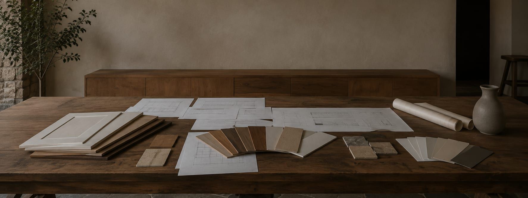 A signed cabinet drawing set laid out on a workbench