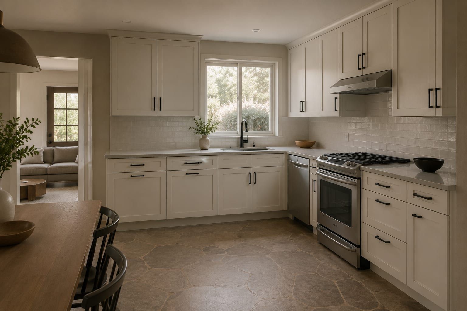 A painted kitchen with overlay doors and a simple counter run
