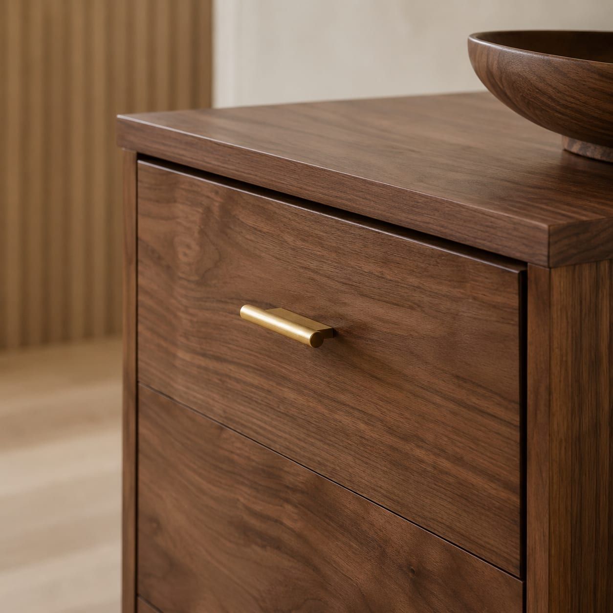 An inset door cabinet in white oak with an integrated appliance panel