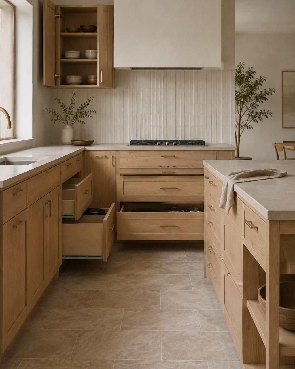 Shop drawings, a door sample and a written quote spread across a kitchen counter