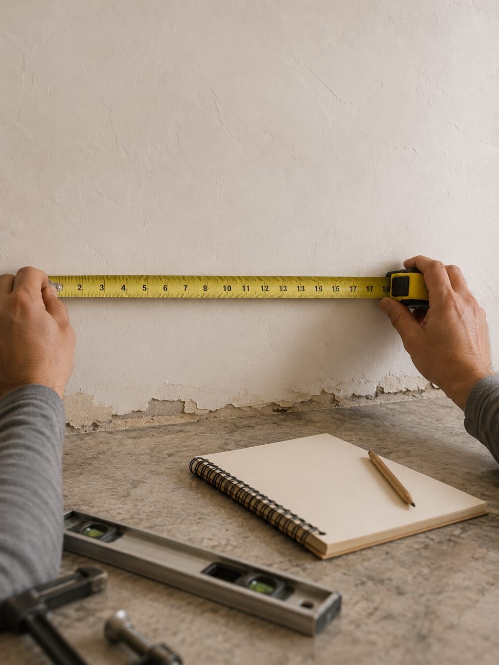 A tape measure extended along a kitchen wall with pencil marks on the drywall