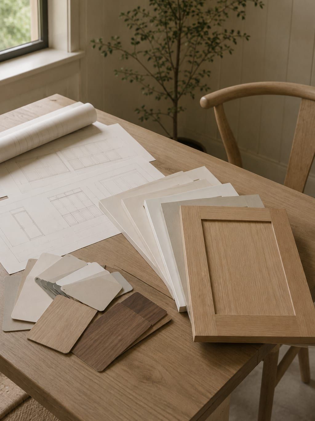 Door samples in painted white, stained oak and walnut laid side by side