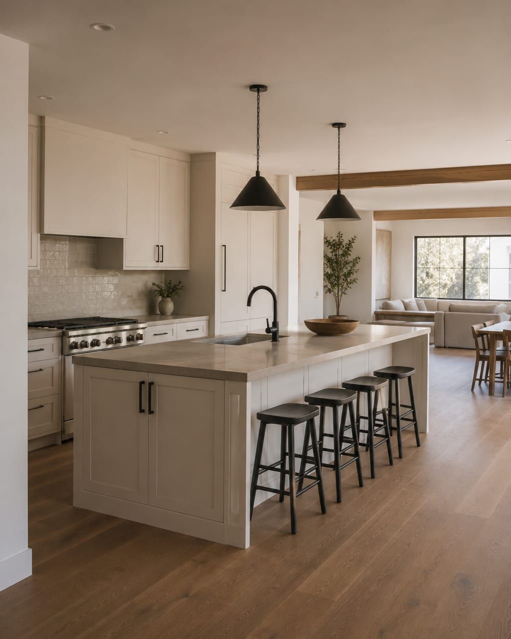 A mid century ranch kitchen with flat panel cabinets and a wide opening through to a living room