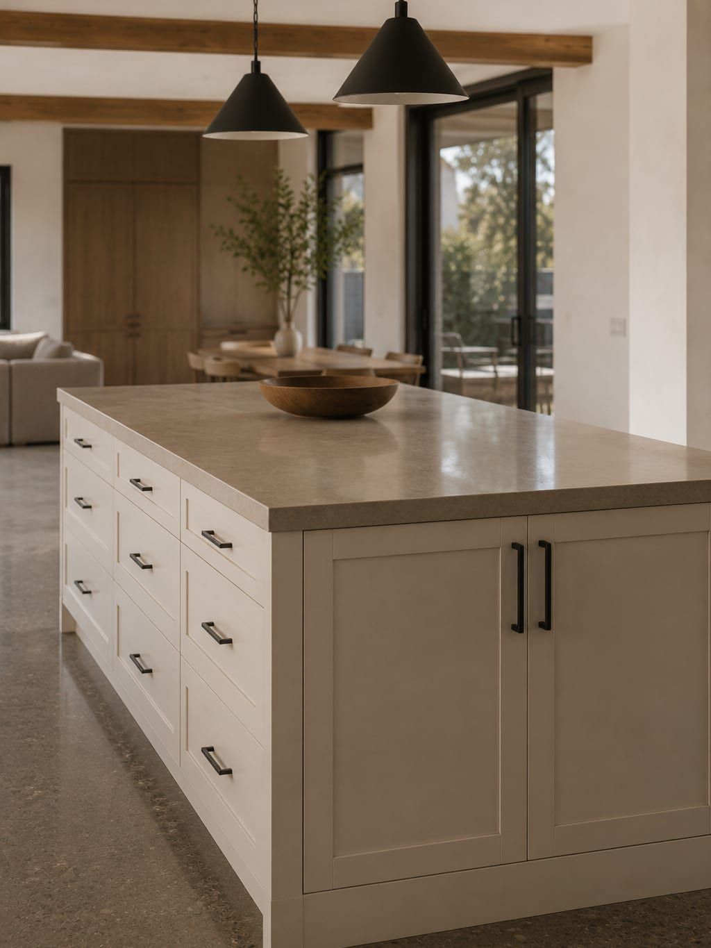 An island with a paneled seating side and deep drawers facing the kitchen