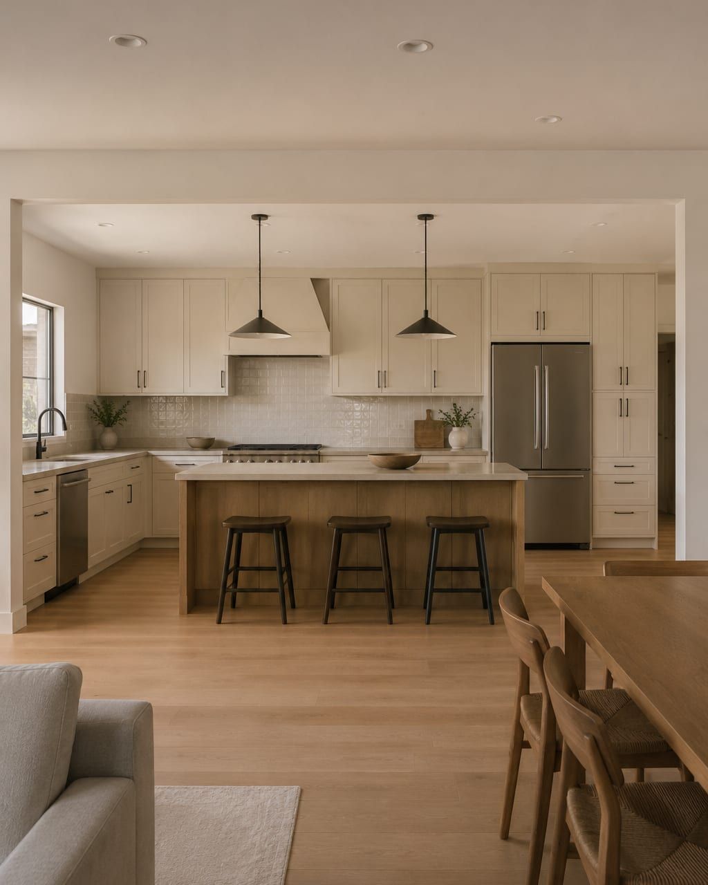 A converted galley kitchen with a peninsula counter and full height cabinets at one end