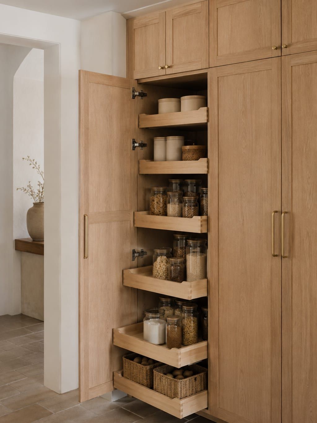 A tall pantry bank added at the end of a galley kitchen run