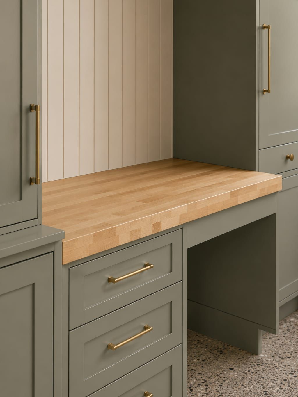 A garage workbench top set between two cabinet runs with a pegboard behind it