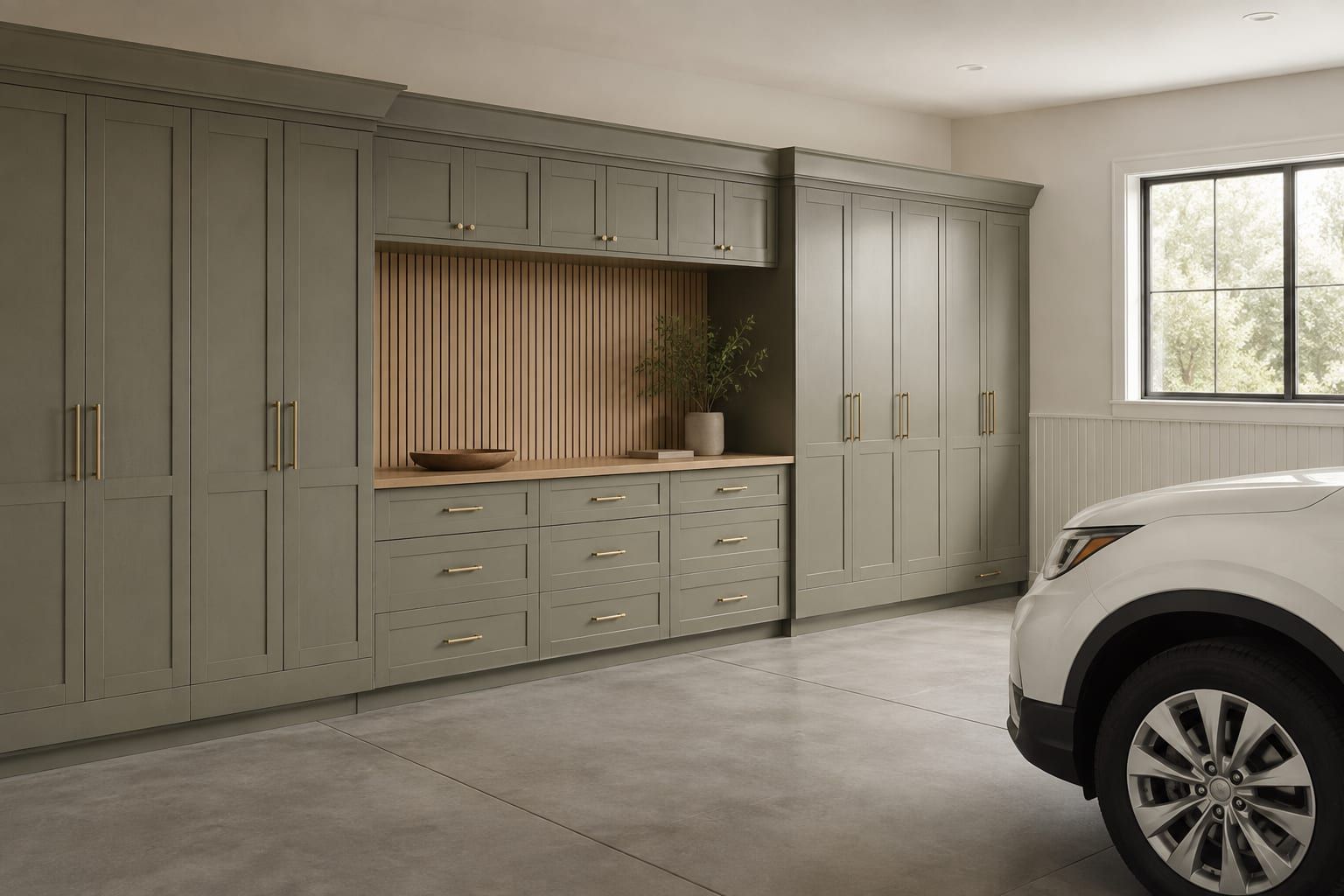 A full three car garage wall of matching cabinets with a bench in the middle