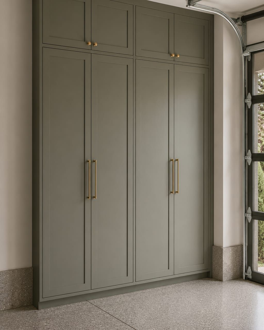A tall garage cabinet holding surfboards upright behind a door