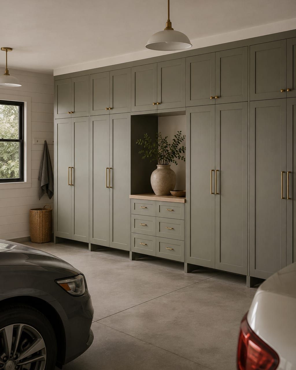 A wall of gray garage cabinets hung above the concrete with a workbench in the center and a car parked alongside
