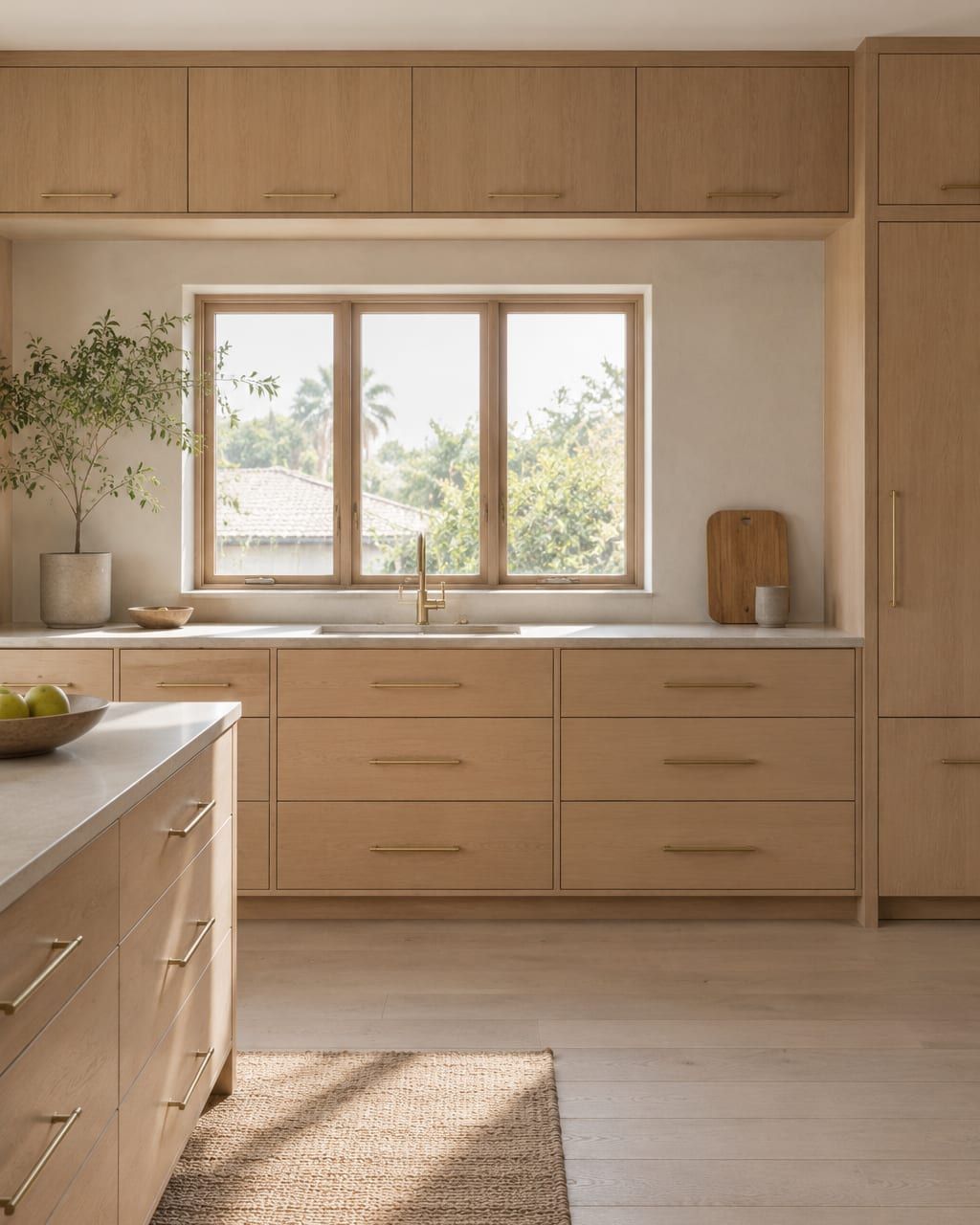 A painted white oak kitchen with a walnut island and brushed stainless pulls in a Huntington Beach home