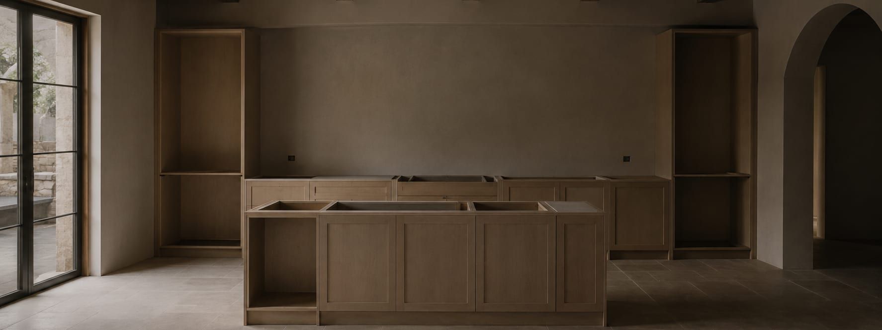 Tools and a level laid on a finished counter at the end of an installation
