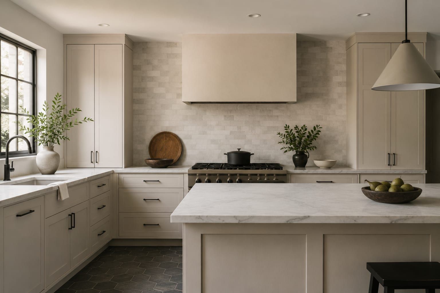 A kitchen part way through installation with base cabinets set and wall cabinets going up