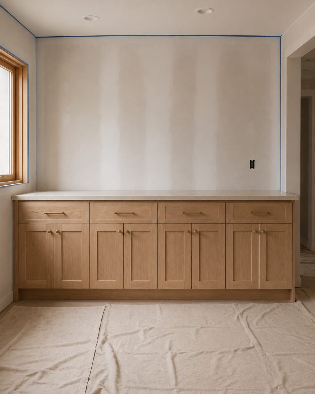 An installer holding a level against a wall cabinet with clamps joining it to the next box