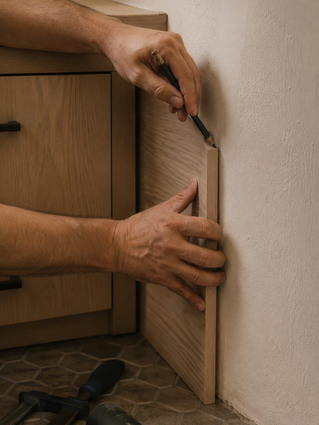 A filler strip being scribed to fit against an uneven plaster wall
