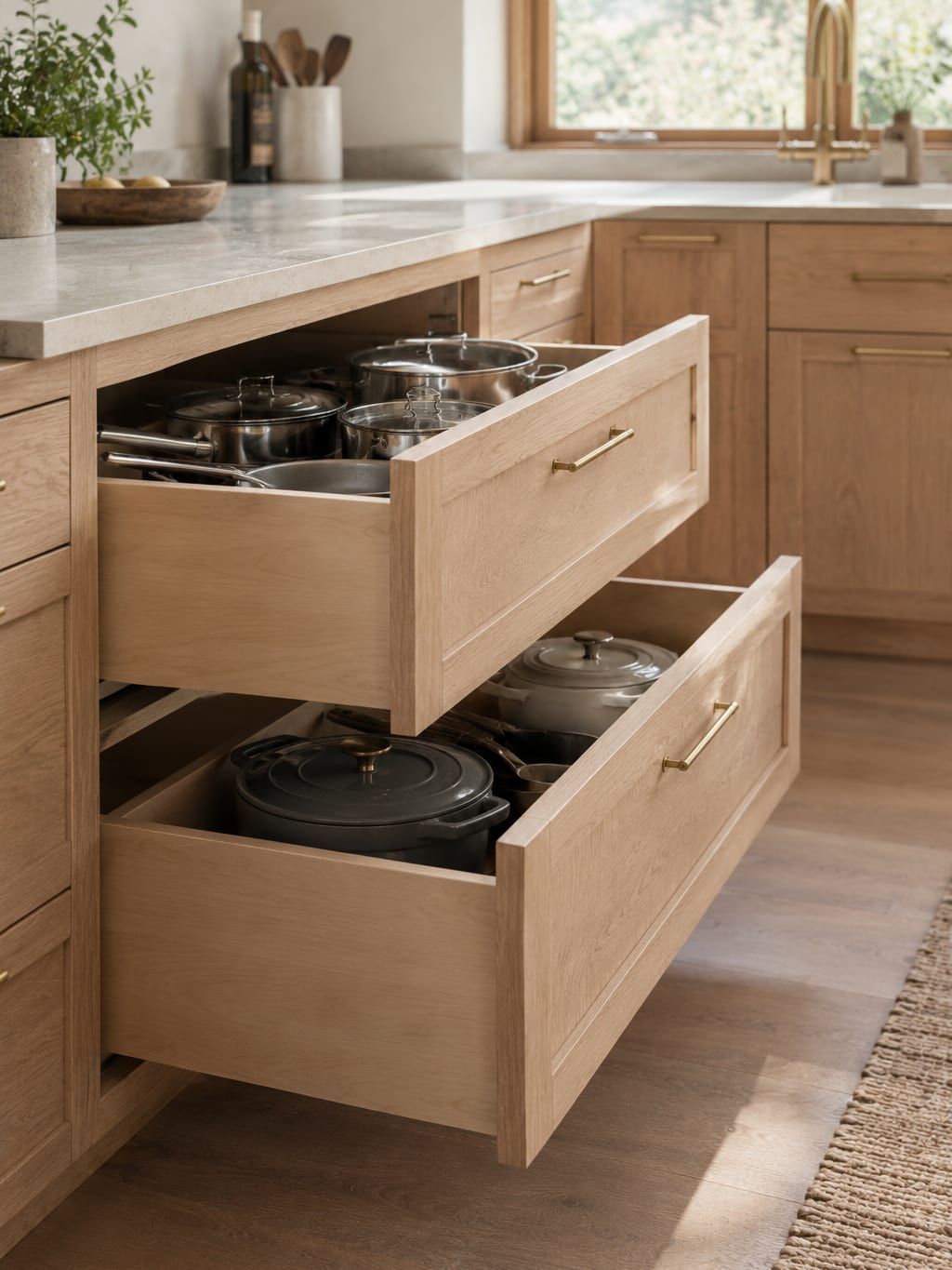 A deep pan drawer pulled fully open beside a range showing stacked cookware