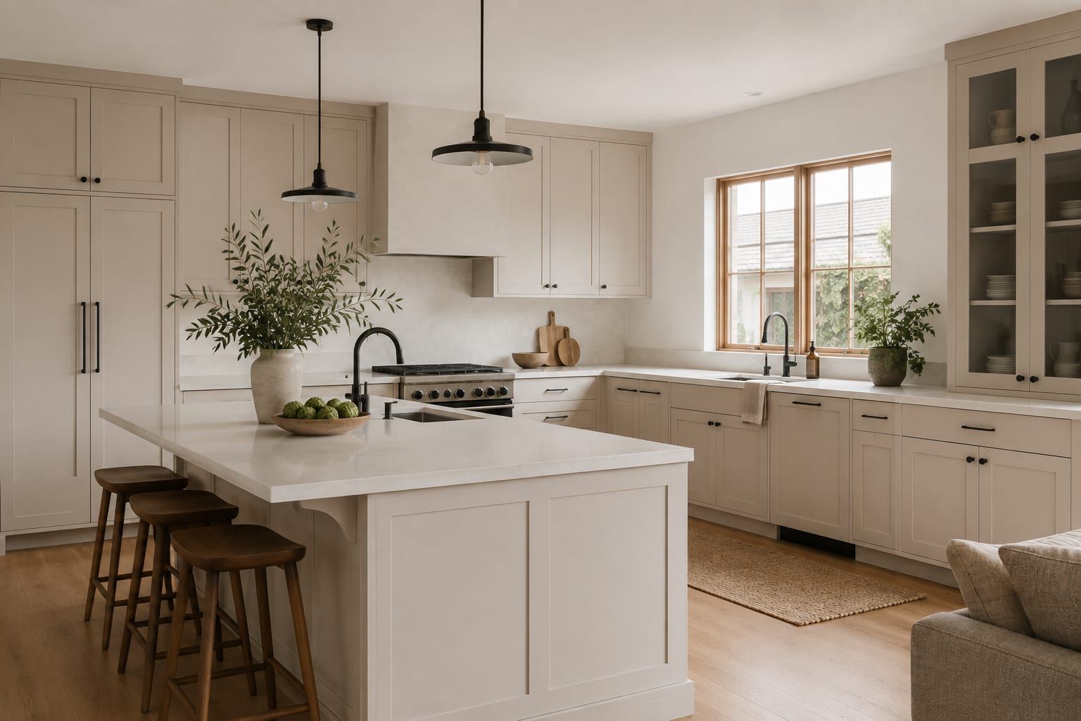 A full kitchen with painted lower cabinets and white oak uppers running to the ceiling