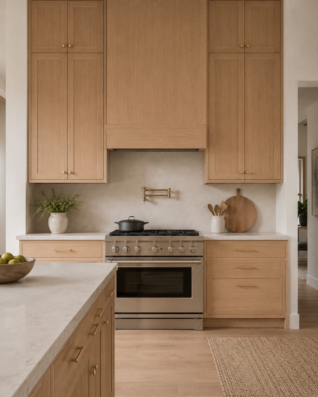 A corner pull out unit swung out of a base cabinet with pans on its shelves