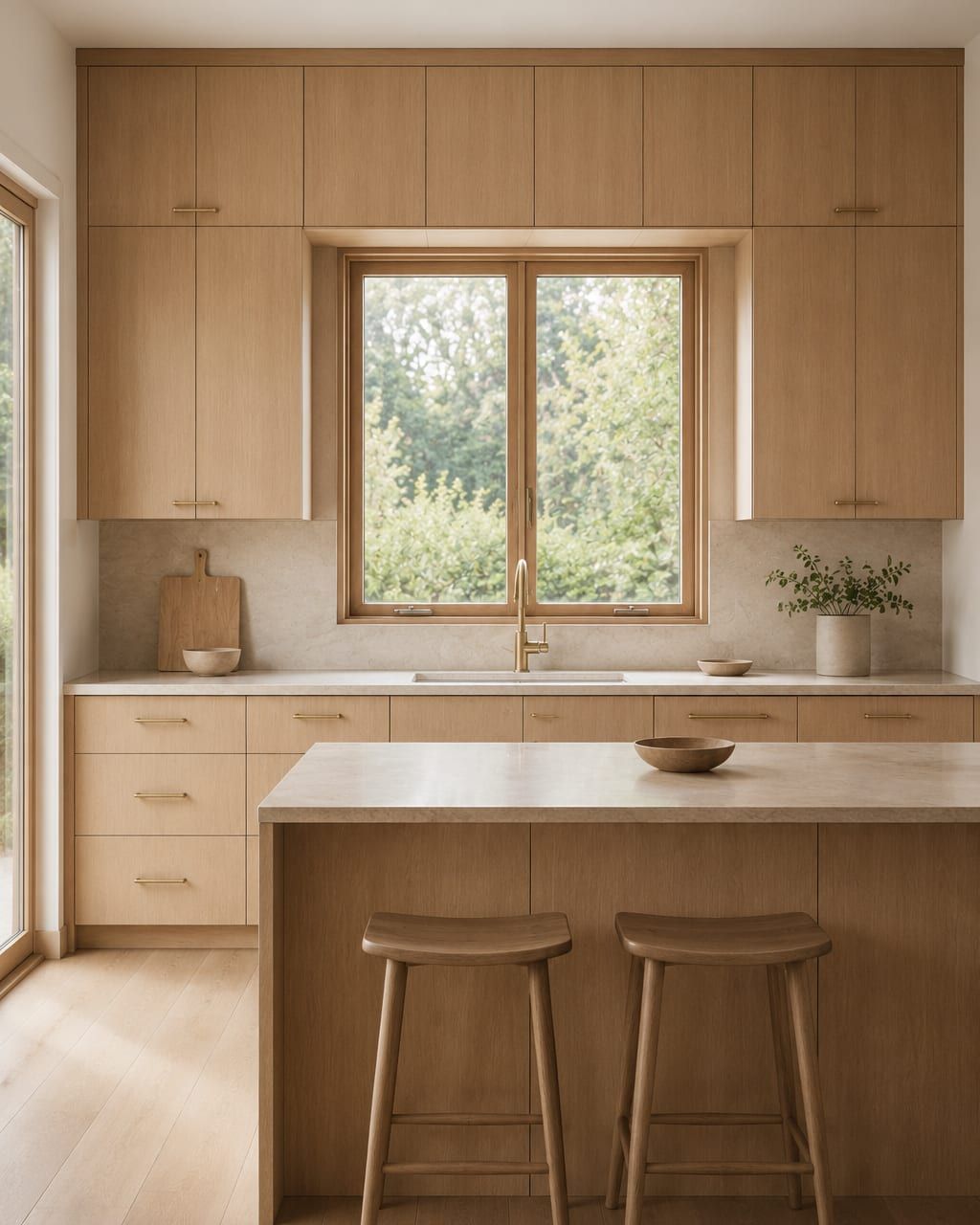 A painted kitchen with a deep drawer bank beside the range and a run of upper cabinets to the ceiling