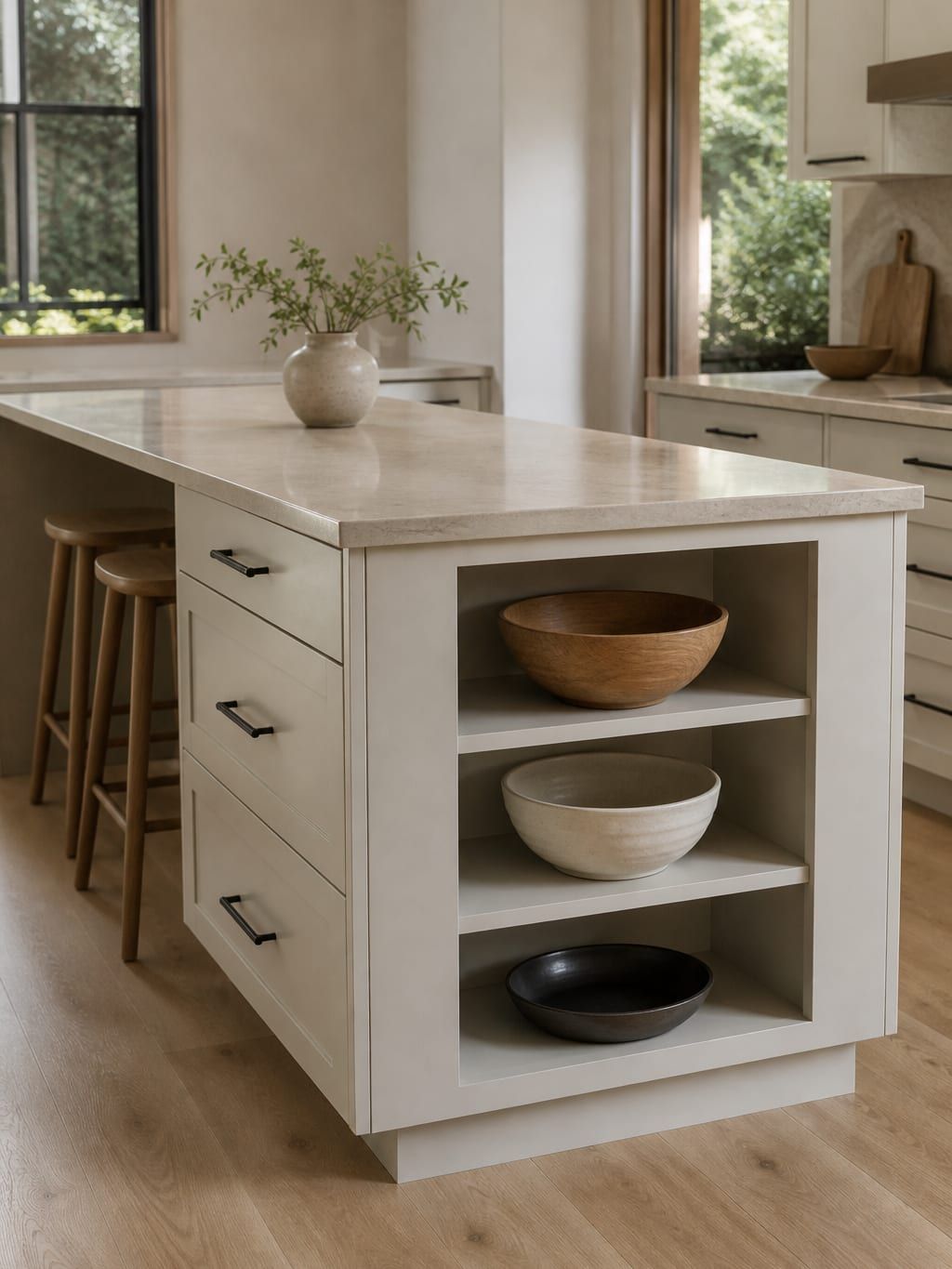 A kitchen island with seating on one side and drawer storage on the other