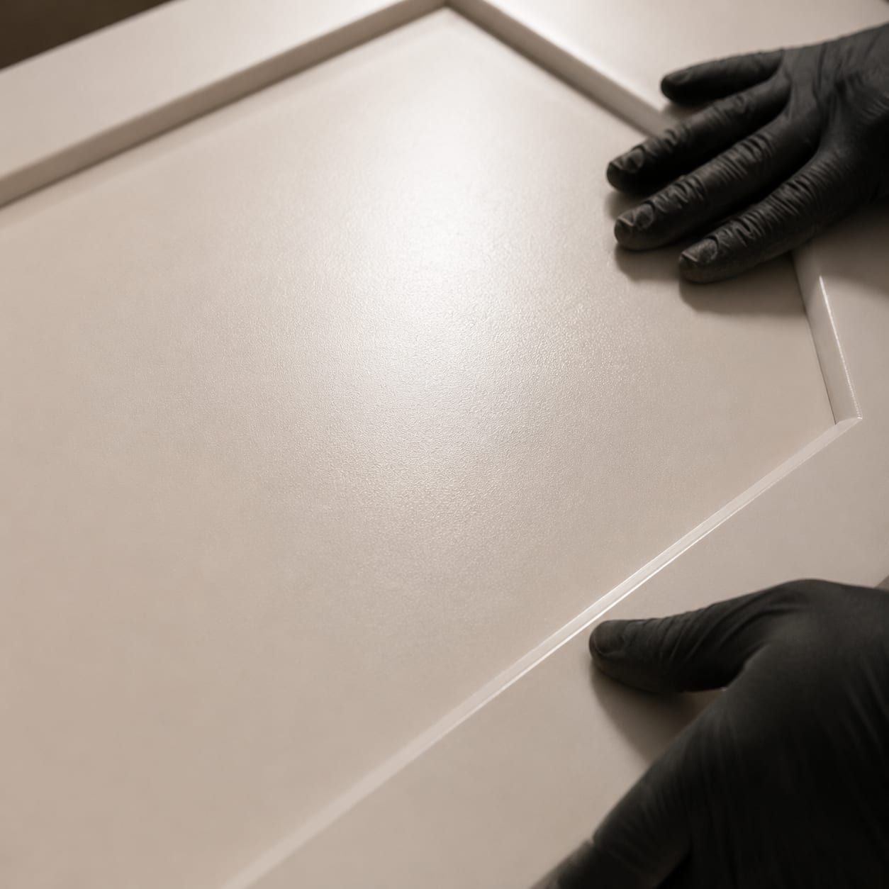 A sprayed cabinet door drying on a rack in the finish room
