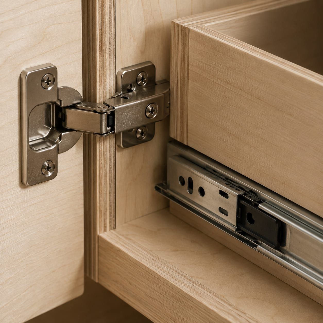 A stainless soft close hinge mounted inside a cabinet door