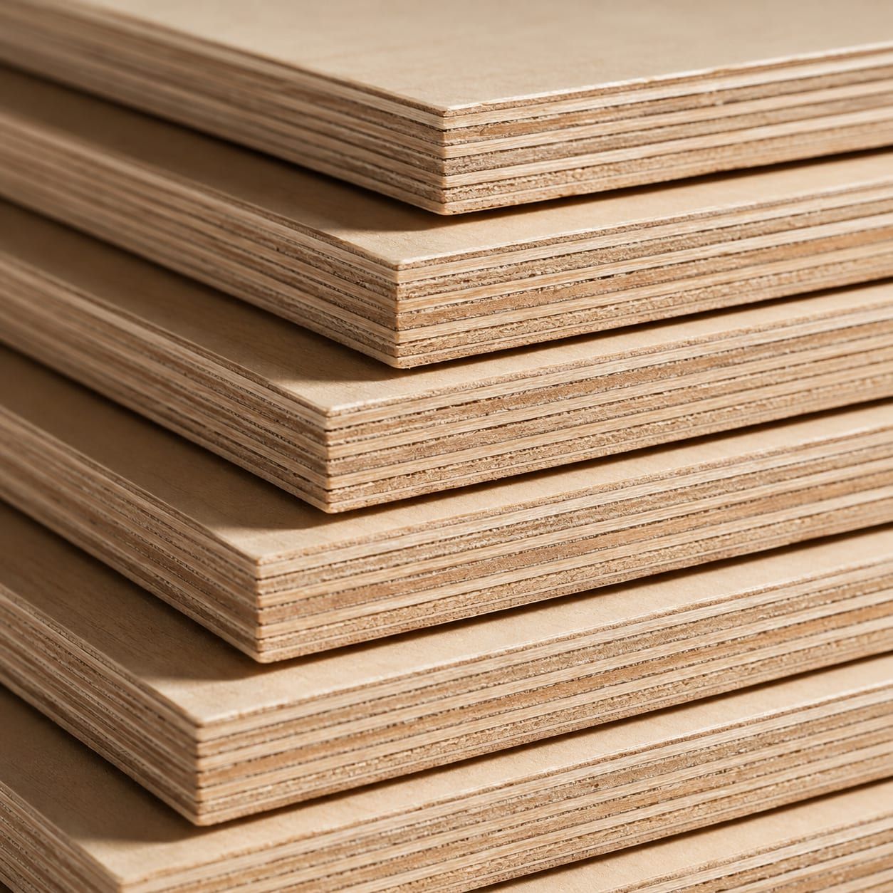 The edge of a plywood cabinet box showing its layered core