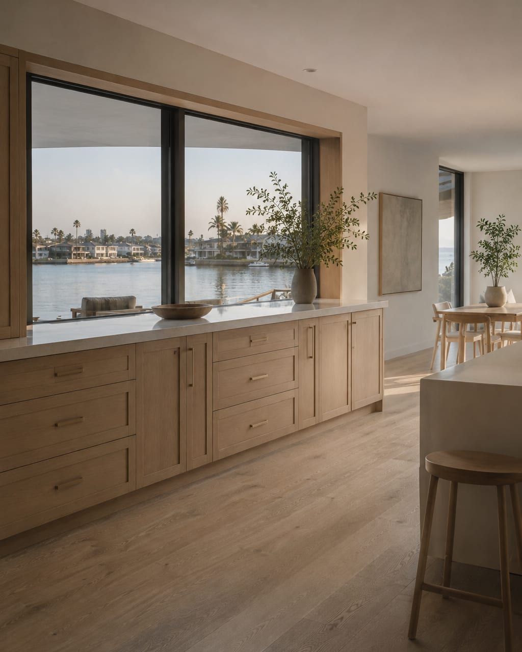 A bayfront kitchen with pale cabinetry and a window looking out over moored boats