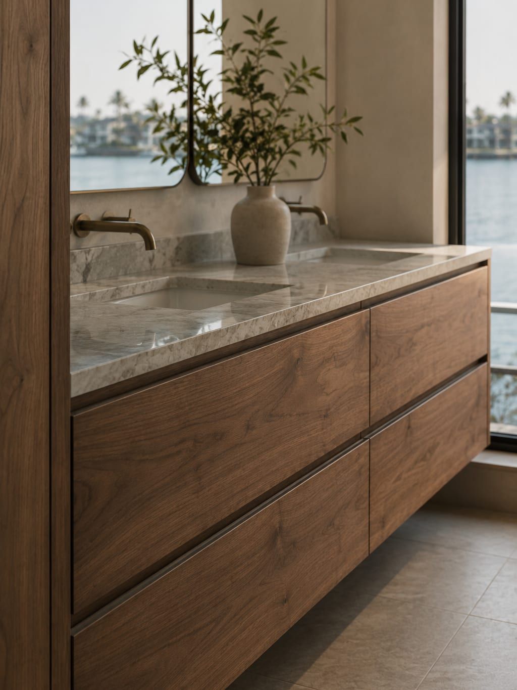A double vanity in a Newport Beach bathroom with a stone top and brushed hardware