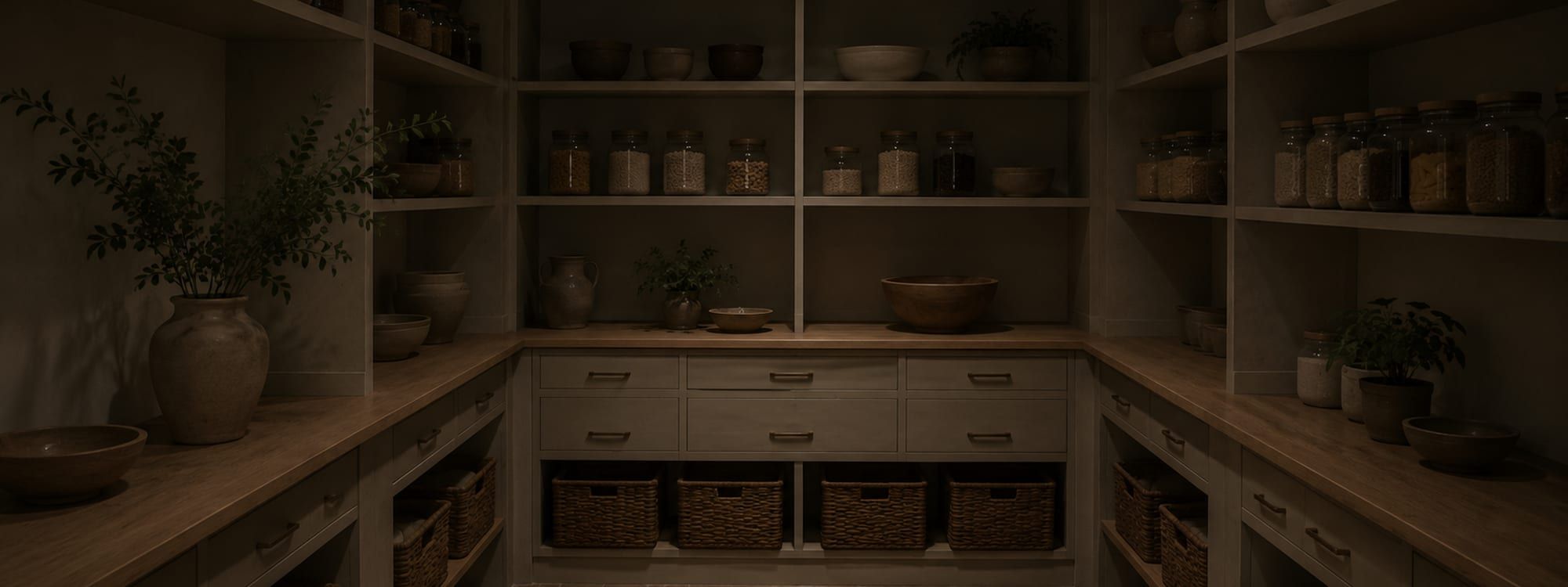 An open pantry with every shelf stocked and labeled containers on the lower rollouts