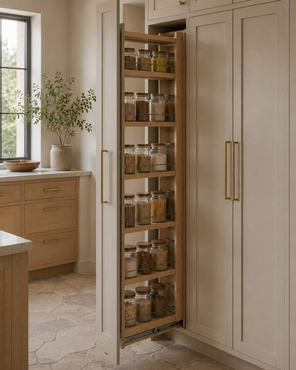 Door mounted spice racks inside an open pantry door