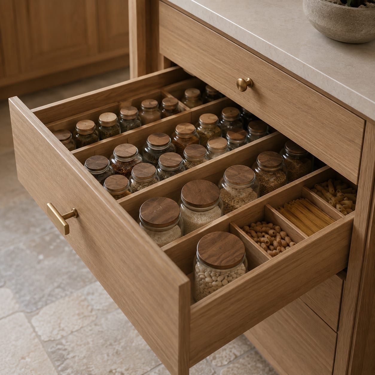A pantry counter holding a coffee machine and a toaster with shelving above